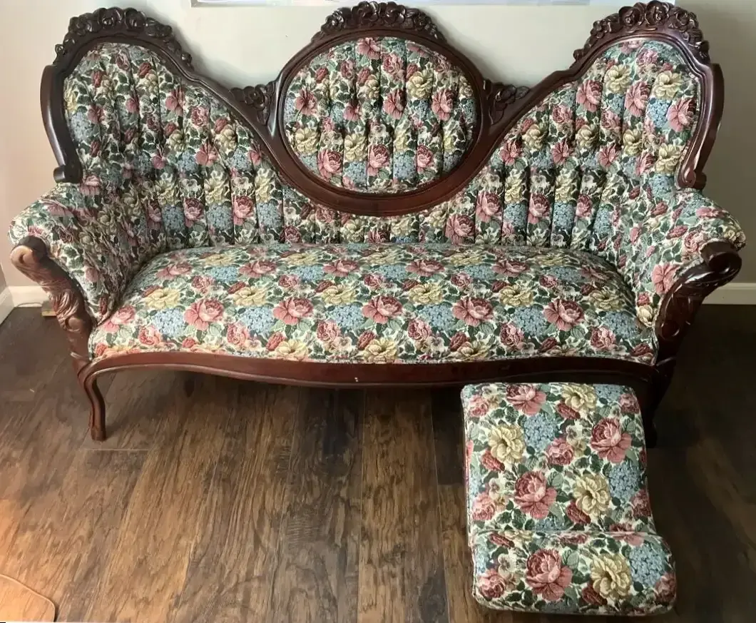 Victorian Style Mahogany Floral Parlor Sofa & Footrest
