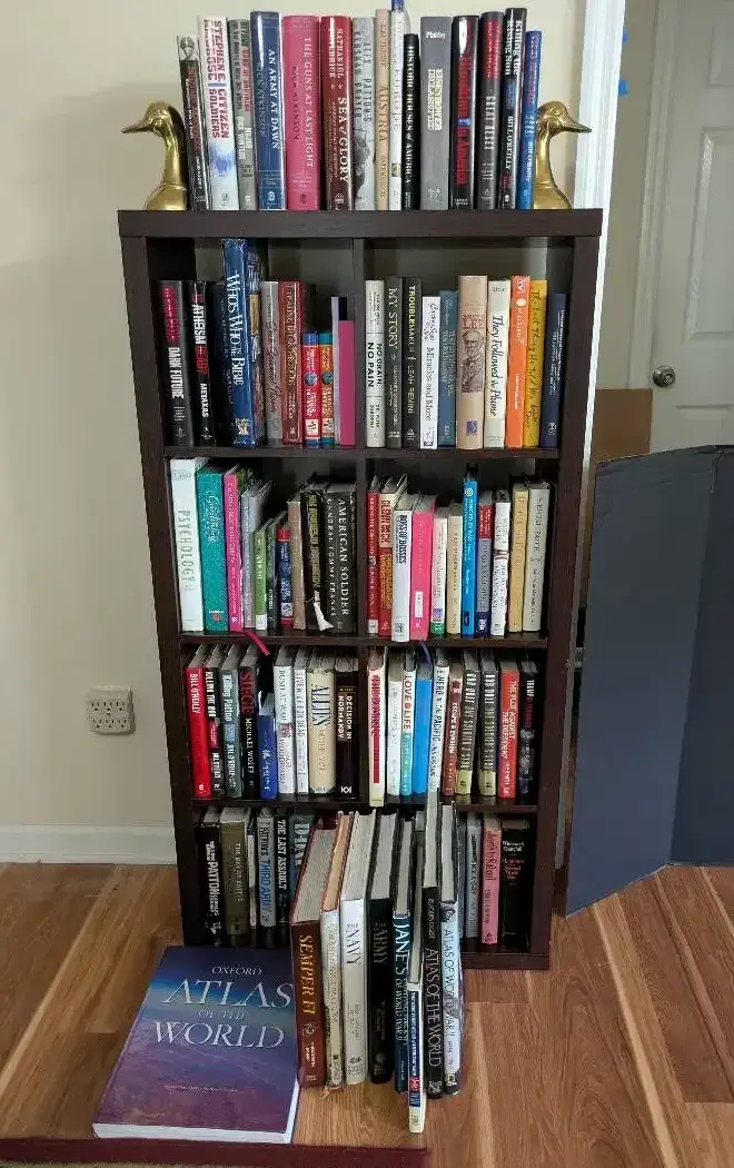 Bookcase, Books & Brass Bird Bookends
