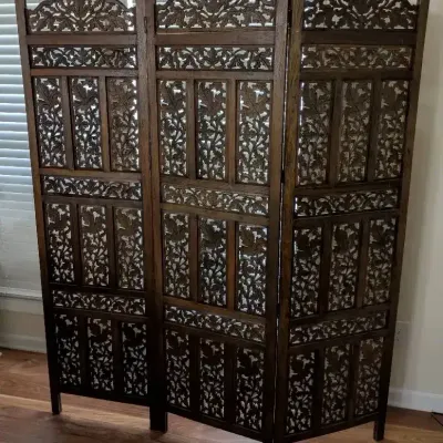 Intricately Carved Wood Three-Panel Screen