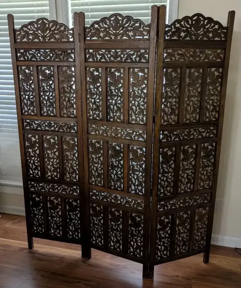 Intricately Carved Wood Three-Panel Screen