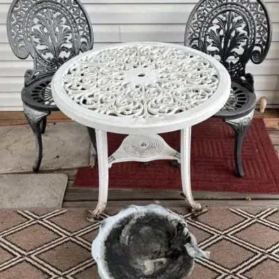 Decorative Patio Table, Chairs & Birdbath