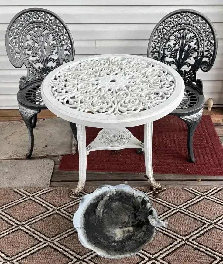 Decorative Patio Table, Chairs & Birdbath