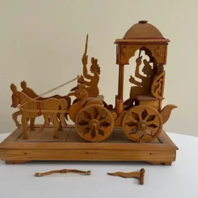 Hand Craved Wooden Showpiece Depicting The Krishna-Arjuna Rath