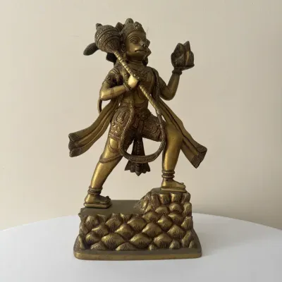 Handcrafted Brass Statue Of Lord Hanuman Carrying The Sanjeevani Mountain