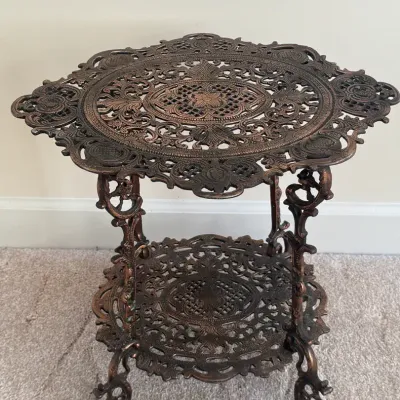 Vintage Two-Tier Copper Coated Or Bronze Finish Ornate Cast Iron Or Brass Accent Table