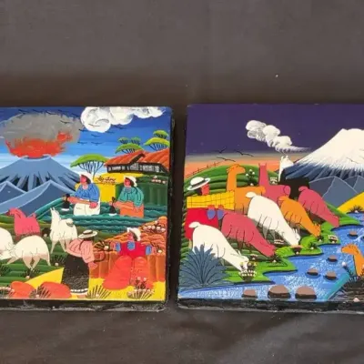 Two Traditional Tigua Folk Art Paintings 