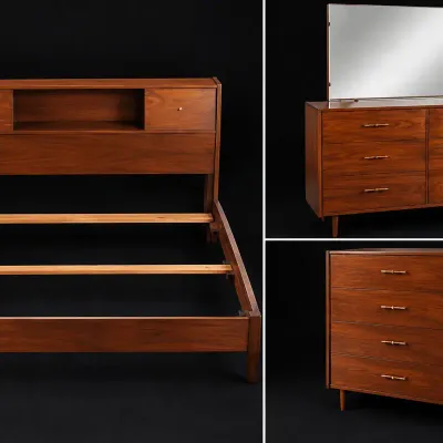 Pepplers Bros. Mid-Century Modern MCM Walnut Bedroom Suite – Bed, Mirrored Dresser & Tall Chest