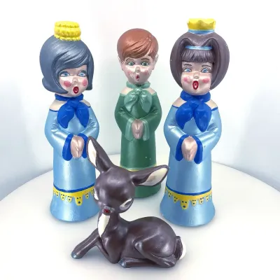 Vintage 1980 Hand-Painted Atlantic Mold Ceramic Carolers & Fawn - Signed A.Tudyk