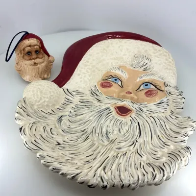 Vintage Atlantic Ceramic Santa Claus Serving Platter & Santa Ornament