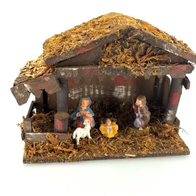 Vintage Made in Italy Rustic Wooden Nativity Stable & Holy Family  