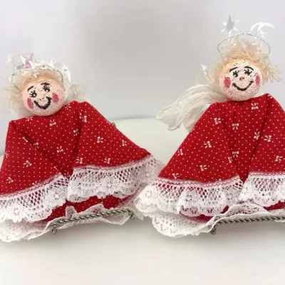 Vintage Handmade Red & White Christmas Angel Doll Ornaments – Set of 2
