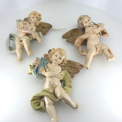 Vintage Fontanini Handpainted Cherub Angels Wall Hanging Plaque Set of 3 - Depose Italy