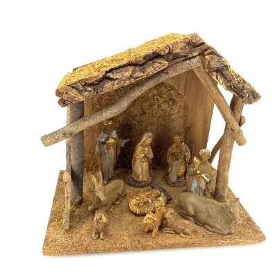Vintage Rustic Nativity Scene with Wooden Stable & 11 Figurines