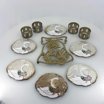 Vintage Silverplate Swan Coaster, Brass Bell Trivet & Napkin Rings -11pc