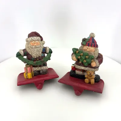 Retro Folk Art Style Weighted Santa Christmas Stocking Hangers 2pc