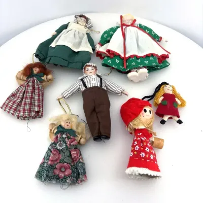 Vintage Handcrafted Cloth Christmas Doll Ornaments – 7 Pc Set
