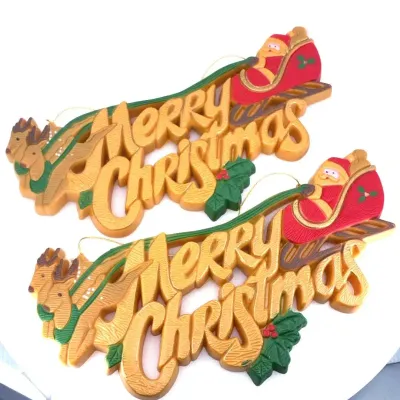 Vintage MCM 3D Plastic Merry Christmas Santa Sleigh Hanging Signs - Pair