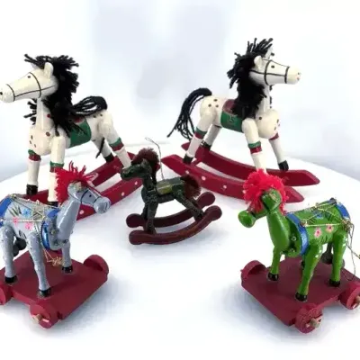 Vintage Hand-Painted Wooden Rocking Horse & Pull Toy Holiday Lot - 5pc