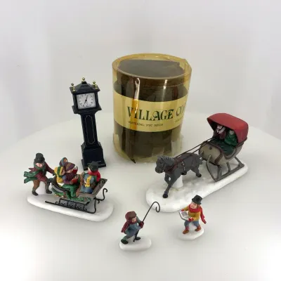 Dept 56 Heritage Village Christmas Accessories Lot – Cratchit Family, One Horse Open Sleigh, Village