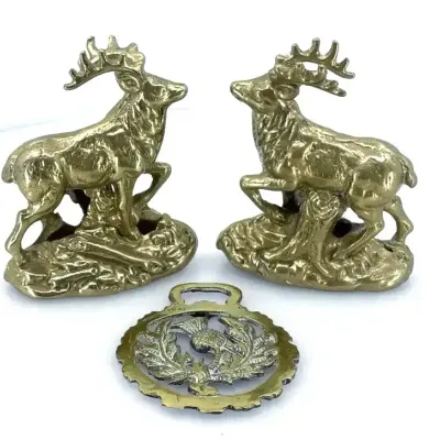Vintage Solid Brass Deer Figurines Pair & Scottish Thistle Bottle Opener Medallion - 3pc