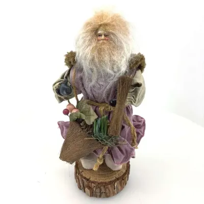 Rustic Woodland Santa Figurine with Broom on Wood Slice Base