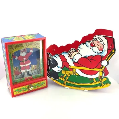 Vintage Otagiri Mechanical Dancing Santa Music Box & 3D Pop-Up Cardboard Rocking Santa