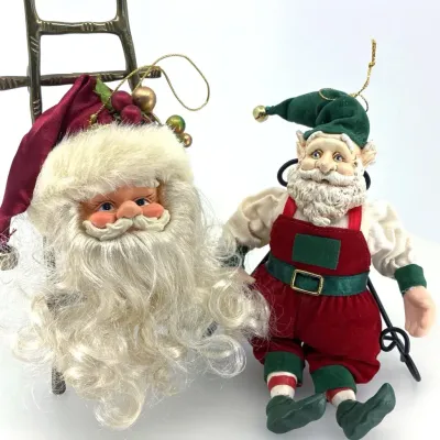 Vintage Velvet Poseable Santa & Elf Holiday Sitter Ornaments - 2pc