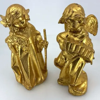 Vintage Fontanini Depose Italy Gold Resin Musical Angel & Shepherd Figurine - 2pc