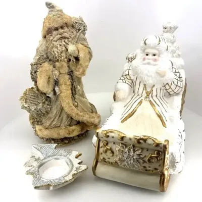 Ceramic Santa Sleigh & Textured Winter Tree Tea Light Statues - 3pc