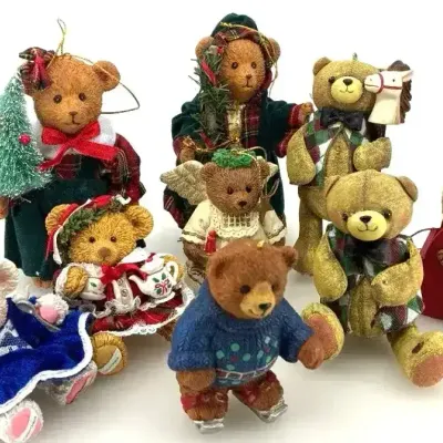 Vintage Christmas Plush Teddy Bear Figurine & Ornament Holiday Lot - 9pc
