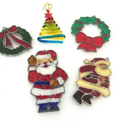 Stained Glass Style Christmas Ornaments – Santa, Wreath & Tree Set of 5 