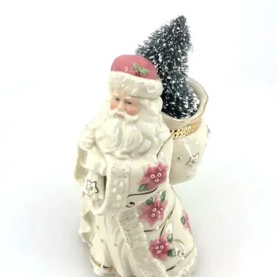 Lenox Petals & Pearls "Pearls & Poinsettias" Santa w/ Bottle Brush Tree Figurine