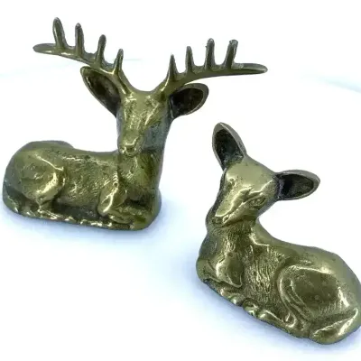 Vintage Brass Reclining Buck & Doe Deer Figurines - 2pc