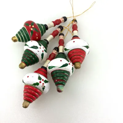 Set of 5 Vintage Hand-Painted Wooden Toy Soldier Spinning Top Christmas Ornaments