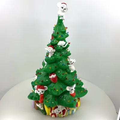 Vintage Ceramic Christmas Tree with Mice & Presents – Lighted