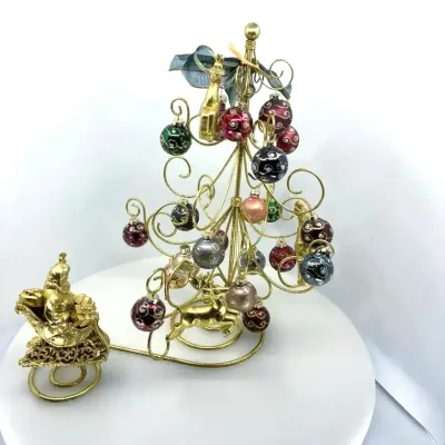 Gold-Tone Christmas Ornament Tree with Mini Baubles, Reindeer & Santa Sleigh