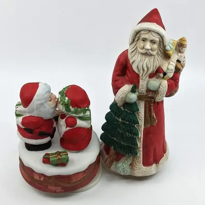 Vintage Bisque Porcelain Santa Figurines: 1981 Jasco Music Box & More