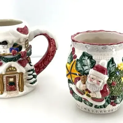 Vintage Fitz & Floyd Hand-Painted Christmas Mugs Set of 2 With Original Boxes