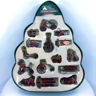 Vintage Kmart Trim A Home 15pc Miniature Die-Cast Metal Ornaments in Tree Box