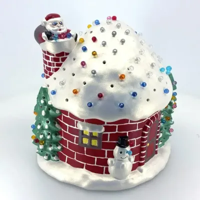 Vintage Lighted Ceramic Christmas Cottage w/ Santa Chimney & Multi-Color Bulbs
