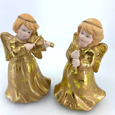 Vintage 1980s Porcelain Bisque Gold Gilt Musical Angel Figurines - Pair