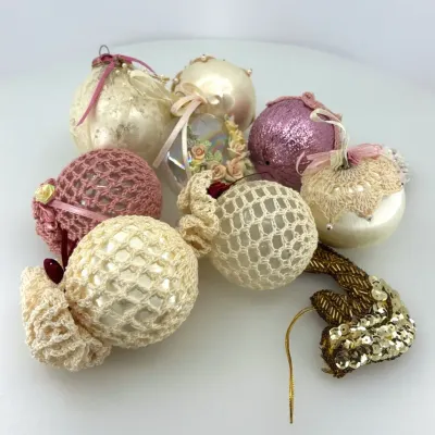 Handcrafted Crochet, Satin & Beaded Christmas Ornament Collection – 10 Pc