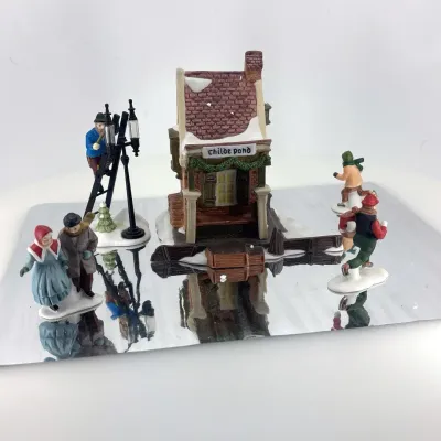 Dept 56 Village Accessories – Lamplighter Set, Childe Pond & Skaters, and Village Mylar Skating Pond