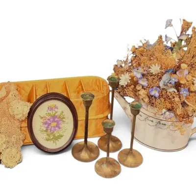 Dried Bouquet, Brass Candlesticks, Embroidered Art, Doily, & Jewelry Storage