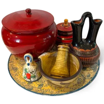 Navajo Diné Pottery, Wood Bowls w/ Lids, Ornate Plate, & More