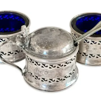 Sterling Silver Sugar & Salt Cellars w/ Cobalt Glass Inserts (34.2g)