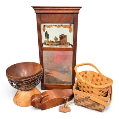 Hanging Wood Art Mirror, Baskets, Bowls, Wooden Duck Box, & More