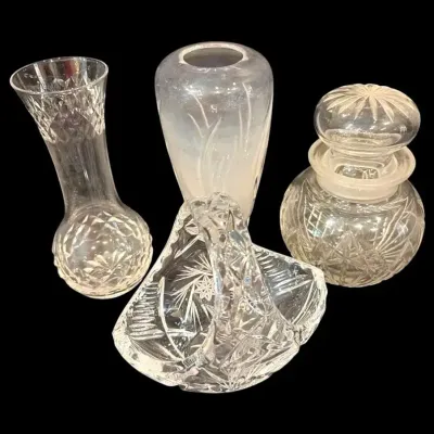 Vintage Glass Lead Crystal Basket, Crystal Vases, & Bottle w/ Lid