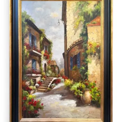 Tuscan Street Scene Framed Oil Painting (58” X 45”)