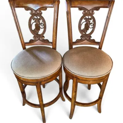 Pair of Frontgate Provencal Wood-Carved Grape Swivel Bar Stools